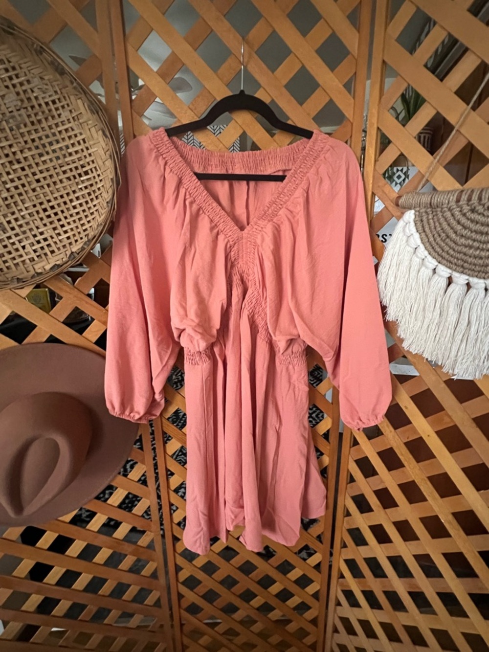 Peach Pink V-Neck Smocked Waist Dress